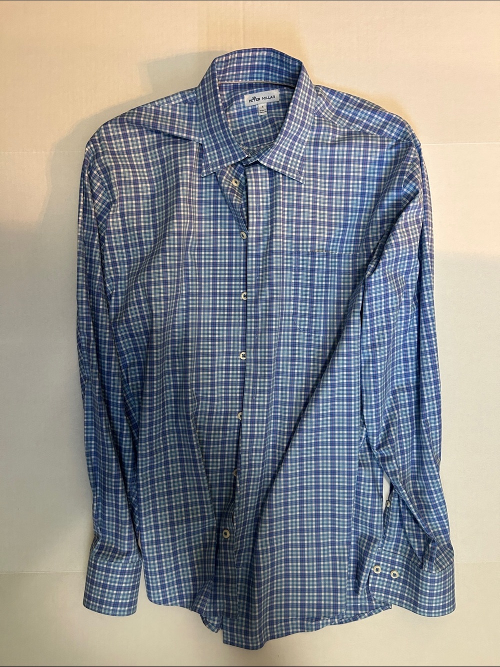 Peter Millar Blue and White Plaid Cotton Dress Shirt